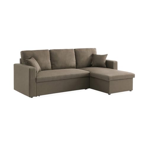 Alice's Home - Canapé d'angle Convertible en Tissu Marron - IDA - 3 Places. Fauteuil d'angle réversible Coffre Rangement lit modulable
