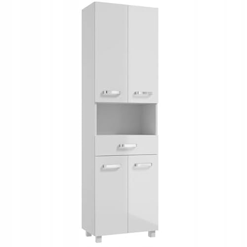 .Deftrans - Hochschrank Badezimmer 170x50 cm Weiß Hochglanz | Badschrank Schmal Stehend mit 5 Regalen & Schublade | Moderner Badezimmerschrank Hoch für kleine Bäder .Deftrans - Hochschrank Badezimmer 170x50 cm Weiß Hochglanz | Badschrank Schmal Stehend mit 5 Regalen & Schublade | Moderner Badezimmerschrank Hoch für kleine Bäder
