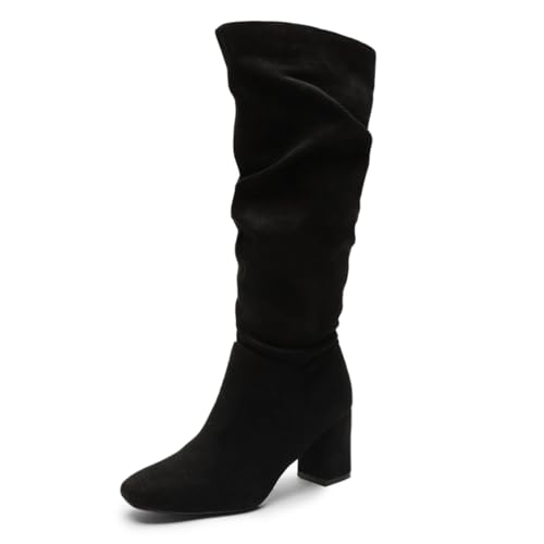 Milooey shoes Women's Slouchy Chunky Mid Heel Wide Calf Boots Fashion Square Toe Knee High Boots Side Zipper Fall Winter Ladies Shoes Size 4-16 Us