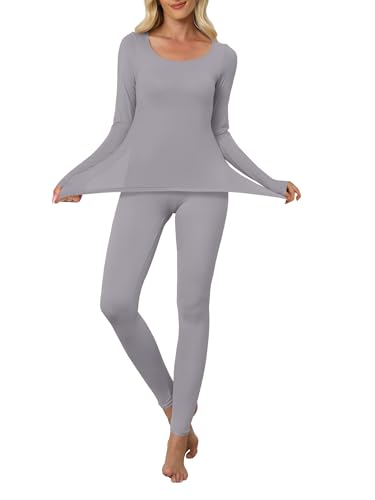 ANRABESS Women Lightweight See Through Sexy Thermal Underwear Sets Fall Ultra Stretchy 2 Piece Pajamas Lounge Basic Layer Set Grey Medium