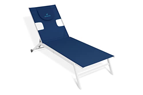 Ostrich Outdoor Chatham 2 Pieces Patio Chaise Lounges, Patio Lounge Chairs, Patio Chairs, 5-Position Recliner Adjustable Sunbathing Lounge Chair For Patio, Beach, Yard, Pool, White & Navy Blue #TOP4