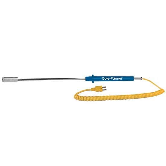 Digi-Sense Type-K, Straight Surface Probe, 10 (in) L, Mini-Connector, Exposed, 5ft Coil Cord