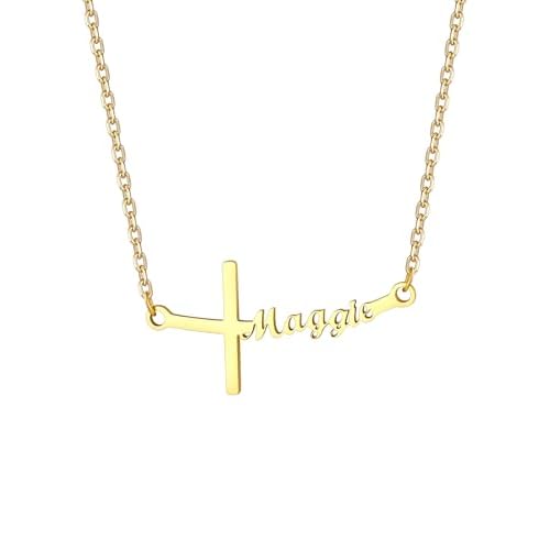 Custom4U Personalized Cross Name Necklace for Women Custom Nameplate Cross Pendant Necklace Customized Faith Jewelry Mother's Day Birthday Christian R