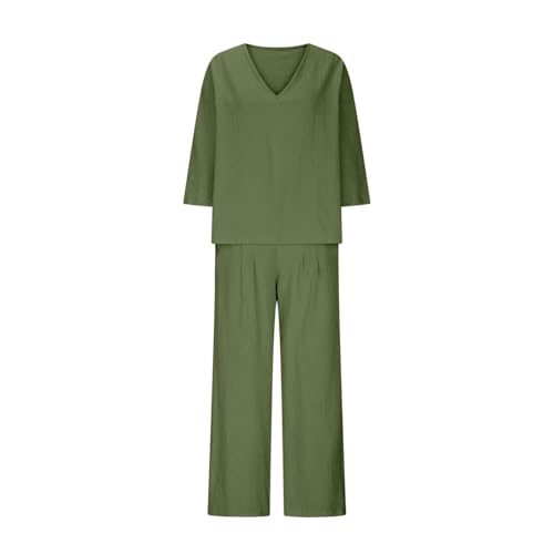 Loungewear Sets for Women Baggy Summer Two Piece Outfits Long Sleeve V Neck Blouses and Wide Leg Trousers Ladies Oversized Tracksuit Sets Cotton Linen Suits Pyjamas Set 2 Piece Co Ords - Image 5