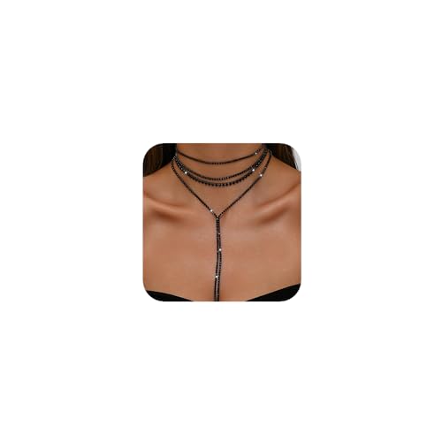 Boho Fashion Y Long Neckalce Prom Shinny Black Silver Rhinestones Choker Necklace Dainty Layered Sexy Choker Necklace Black Halloween Christmas Necklace for Women 4 Tier