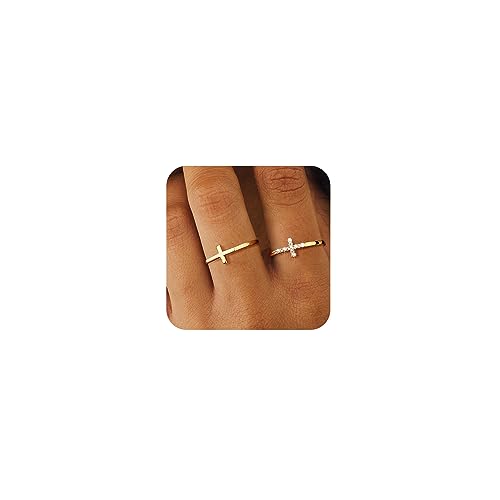 Foxgirl Cross Gold Rings for Women Non Tarnish, Dainty Trendy Stackable Ring Set 14k Gold Plated Thin Cz Cross Finger Rings for Women Non Tarnish Simple thumb Rings for Momen Gold Jewelry Size 5-10