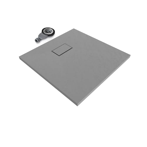 SMC BOREAL Duschwanne 90x90 cm, extra flache und robuste Duschtasse 26MM aus langlebigem mit ANTI-Rutsch-Oberfläche In Schieferoptik/Steinoptik inkl. Ablaufgarnitur mit Deckel - Grau