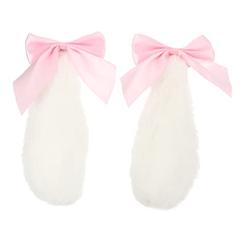BELLIFFY 1 ペア ぬいぐるみうさ耳ヘアクリップ かわいい漫画 弓付きバレッタ バニーヘア弓 ウサギのぬいぐるみ hair pin ロリータかんざし ぬいぐるみヘアピン ファブリック ピンク