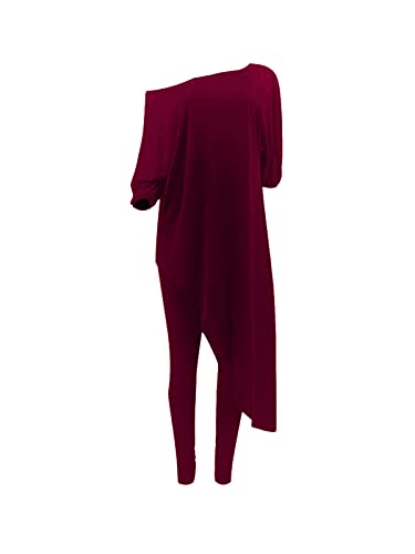 Imbpceu Women's Solid Two Pcs Outfits 3/4 Sleeve Off The Shoulder Irregular Hem Tops Legging Tracksuit Wine Red 2Xl #TOP2