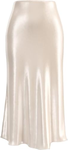 Soowalaoo Womens Beige Skirt Midi Long Length Silk Satin High Waisted Elastic Casual Solid Color Skirts L