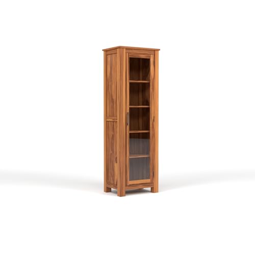 Image of Solid Sheesham Wood Bookshelf with Acrylic Glass Door | Rosewood Kitchen Cabinet with Storage Shelves for Dining Room & Office (A-Natural Finish)