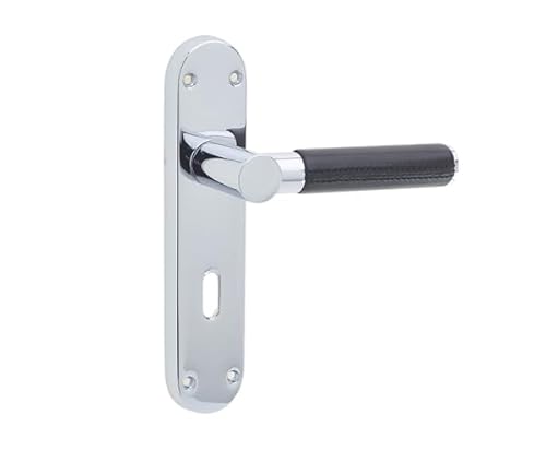 KOOPLES HARDWARE Ascot Suite Door Handle on Lockplate – Black Leather & Polished Chrome Lever, Interior Lock Door Handle