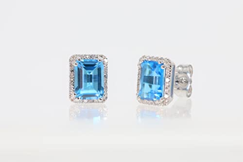 14K White Gold Genuine Blue Topaz Emerald Cut Diamonds Stud Earrings2