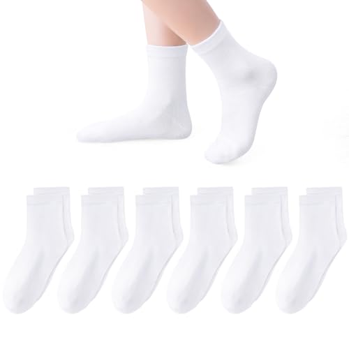 VEKDA 6 Pairs Kids Socks Boys Girls Crew Socks for School Uniform Cotton Seamless Toe Sock