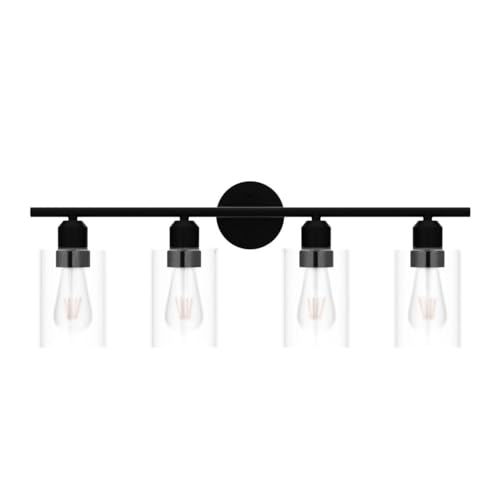Image of 4 Light Bathroom Vanity Light Fixtures Black,Rustic Farmhouse Vanity Lighting Over Mirror Modern Industrial Lamp with Cylinder Glass Shade UL Certified