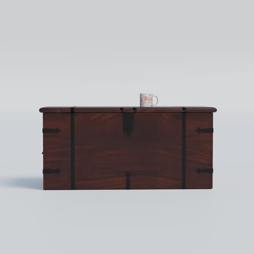 Image of Solid Sheesham Wood Trunk Box For Storage Wooden Center Coffee Table for Living Room Decor | Multipurpose Wooden Center Table With Storage Box Cabinet with Iron Fittings | Walnut Finish
