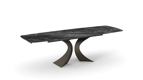 PAZZO DESIGN Table extensible Donatello, plateau en marbre noir avec veines blanches/gris clair, pieds noirs, cuisine, salon, céramique, 180 x 90 x h76 cm -...