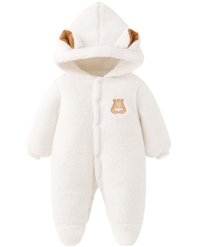 JiAmy nyfödd baby snödräkt fleece vinter snödräkter, björn med huva sparkdräkt tecknad baby flickor pojkar kläder kläder kläder 0-18 månader, Vitt, 0-3 Months