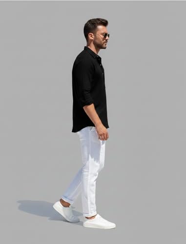 Image of Men's Cotton Blend Straight Kurta Shirt with Mandarin Collar - Slim Fit Casual Short Kurti Featuring Textured Slub Fabric and Roll-Up Full Sleeves