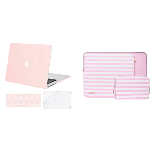 MOSISO Compatible with MacBook Air 13 inch Case A1369 A1466 Older Version 2010-2017 Release, Plastic Hard Case&Horizontal Stripe PU Leather Sleeve Bag&Keyboard Cover&Screen Protector, Chalk Pink&Pink