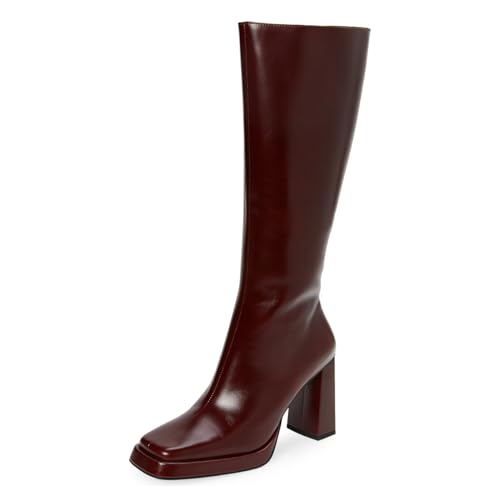 Milooey shoes Women's Square Toe Platform Knee High Boots Fashion Chunky Block Heel Long Boots with Side Zipper Dress Fall Classic Shoes Size 4-16 Us