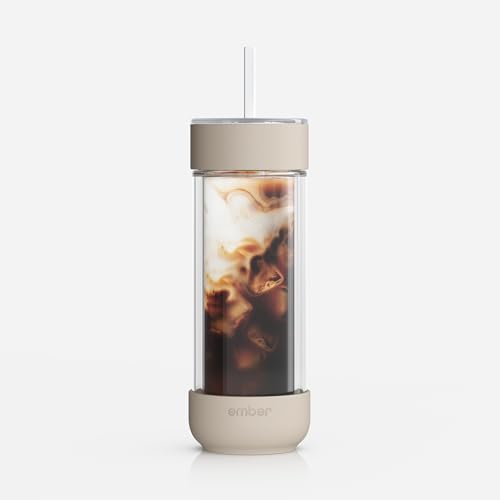Ember Cold Tumbler 16 oz – Insulated Glass Iced Coffee Cup with Straw & Spill-Proof Lid, Keeps Drinks Cold 6+ Hours, Modern Double-Wall Design, Sandstone