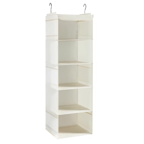 BrilliantJo Organizador de Armario Colgante con 5 Compartimentos y 6 Bolsillos Laterales, Estantes de Almacenamiento Colgantes con 2 Ganchos 30 * 30 * 108cm, Beige