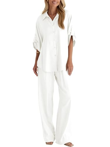 BWQ Womens linen 2 Piece Outfits Long Sleeve Button Down