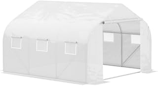 Outsunny Walk-In Polytunnel Greenhouse Warm House Garden Tunnel Shelter Plant Shed with Door and Windows, Galvanised Steel Frame, 3.5 x 3 x 2m, White