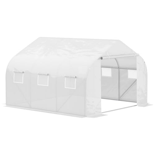 Outsunny Serre Tunnel de Jardin 3,5 x 3 x 2 m Grande Taille 6 fenêtres en PE Haute densité 140 g/m² Anti-UV avec Portes Zip enroulables Blanc