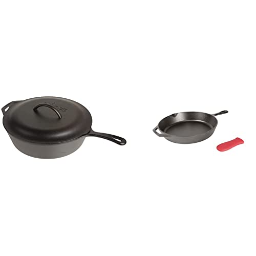 Lodge L10Cf3 Cast Iron Covered Deep Skillet, Pre-Seasoned, 5-Quart & Cast Iron Skillet With Red Silicone Hot Handle Holder, 12-Inch #TOP11