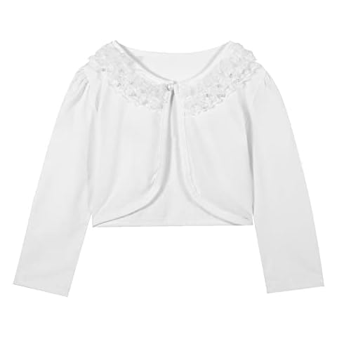 SMILING PINKER Girls Shrug Cardigan 3/4 Sleeve Lace Bolero Kids Pearl Cover Up Short Top(Ivory,6-7 Years) Cover