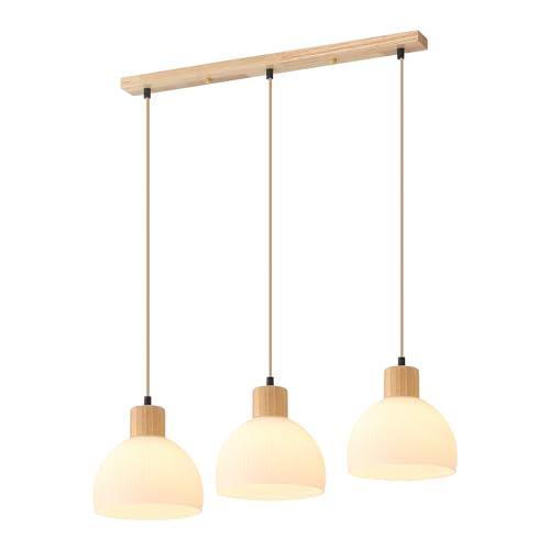 Schindora 3 LumièRes Suspension Luminaire,Bois Et Verre Blanc Lustre Salon E27 Cuisine Lampe Hauteur RéGlable Vintage Luminaires IntéRieur Pour Chambre Deco