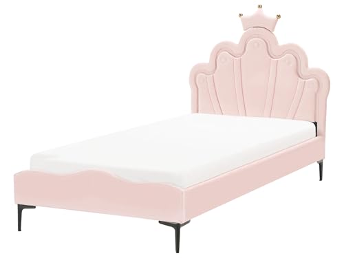 Beliani Cama LED con somier Moderna tapizado de Terciopelo Infantil somier de láminas Rosa 90 x 200 cm Rubien