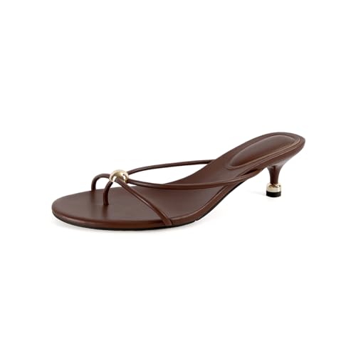 SOVANYOU Dark Brown Kitten Heel Sandals for Women Open Toe Flip Flop Heels Slip-on Thong Heeled Sandals