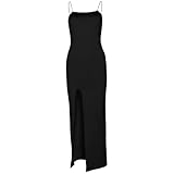 Wedhapy Vestido Largo de Seda para Mujer Vestido Largo Sexy sin Espalda Maxi con Escote Cuadrado Negro de Tirantes Finos Ajustado para Fiestas y Clubes.
