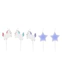 Set de 5 velitas para la decorar tarta de cumpleaños, con diseño de estrellitas y unicornios.