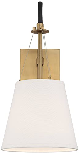 Image of Possini Euro Design Crysta Mid Century Modern Wall Light Sconce Warm Brass Black Hardwired 8 inch Fixture White Linen Drum Shade for Bedroom Living Family Room Home Hallway Dining House