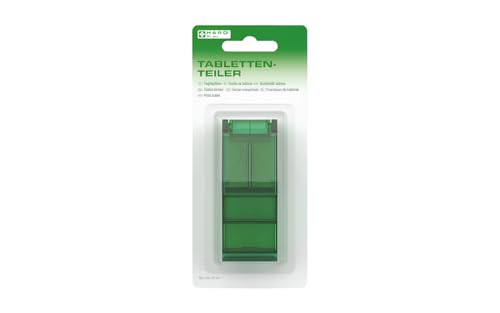 Haro for you Tablettenteiler einfach Tabletten zerkleinern, Tabletten richtig dosieren, viertel halbe Tabletten, Tablettenschneider mit Ablagefach, praktischer Medikamenten Helfer, grün