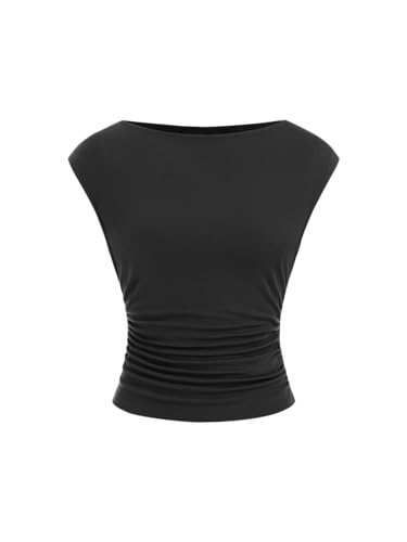CIDER Boat Neck Tops for Women Sleeveless Ruched Crop Tank Tops