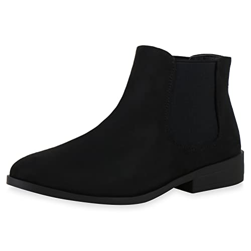 VAN HILL Damen Stiefeletten Lederoptik Chelsea Boots Blockabsatz Freizeit Schuhe Bequeme Kurzschaft-Stiefel Ankle Boots 610526 Schwarz Velours 37