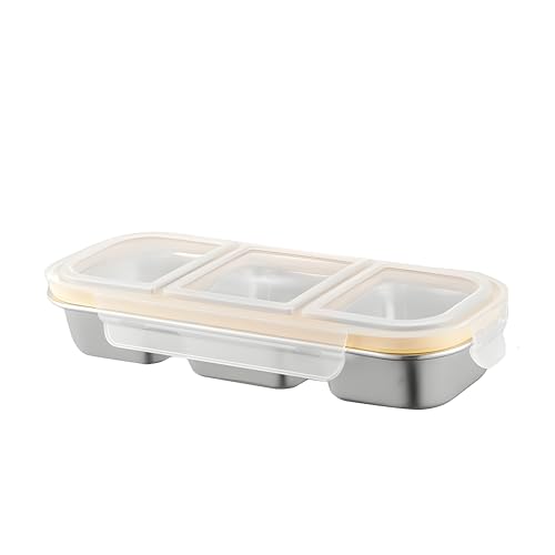 Image of Motka Premium 600 ml 3-Compartment Bento Lunch Box | Stainless Steel Slim Compact Tiffin | Leak-Proof Food Container| BPA & Odour-Free| Dishwasher Safe | Ideal for Office, Travel & School (Natural)