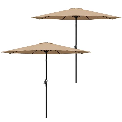 Simple Deluxe 2 Pack 9FT Outdoor Patio Umbrella Table Market Umbrella with Push Button Tilt and Crank, 8 Sturdy Ribs, UV Protection Waterproof for Garden, Lawn, Deck, Backyard, Pool,Tan