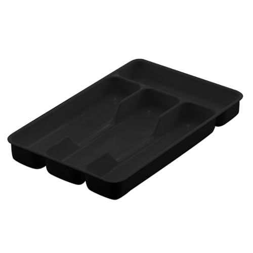 Cutlery Drawer Organiser 4 Compartment Utensil Tray for Kitchen, Plastic Small Cutlery Tray for Kitchen Drawer,Silverware and Flatware Holder, Compact Storage for Spoons Forks Knives (Black)