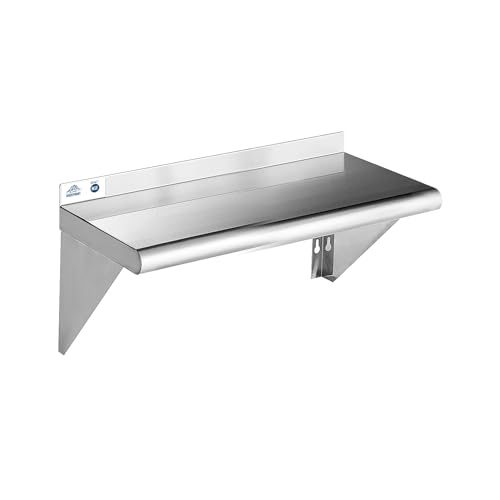 Image of ROCKPOINT Stainless Steel Shelf 10 x 30 Inches 225lb, NSF Metal Commercial Shelves Wall Mount Floating Shelving with Backsplash for Restaurant, Kitchen, Home and Hotel, Silver