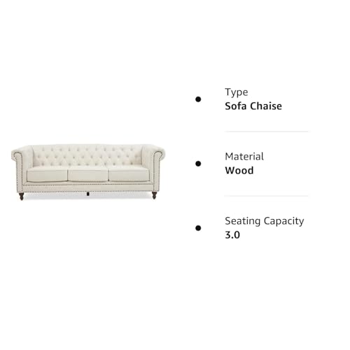 Image of Modern and Stylish 3 Seater Chesterfield Luxury Sofa with Valvet and Fabric Comfortable Sofa for Living Room, Dining Room, Hallway, and Office-(White).