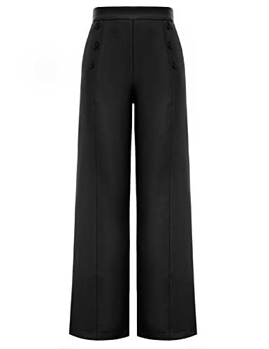 Women's Casual Elastic Waist Pants Vintage Sailor Pants with Pockets 1940s Pants,M,Black