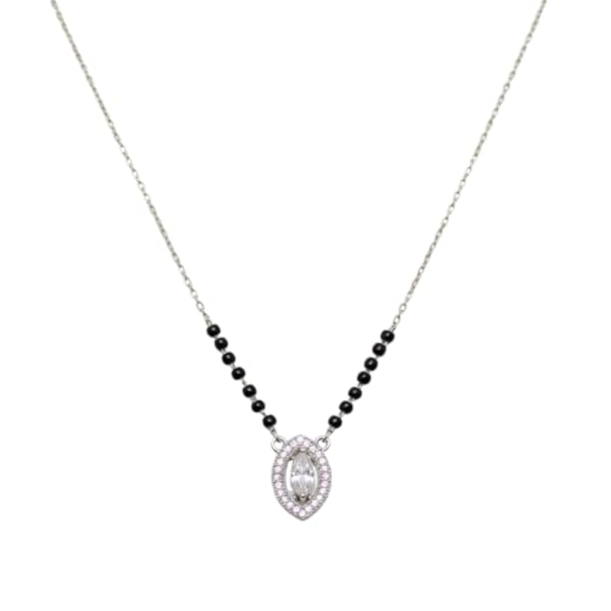 Women's Marquise Shape Silver Mangalsutra, Leaf Design Pendant