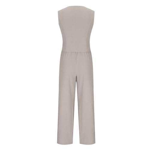Mrat Damen-Weste und Hose, Set aus Baumwollleinen, Sommer-Trainingsanzug, komplettes Set, 2-teiliges Outfit, ärmellos, V-Ausschnitt, Knopf, Weste, weite Beinhose, 2-teiliger Blazer, Anzug, Business