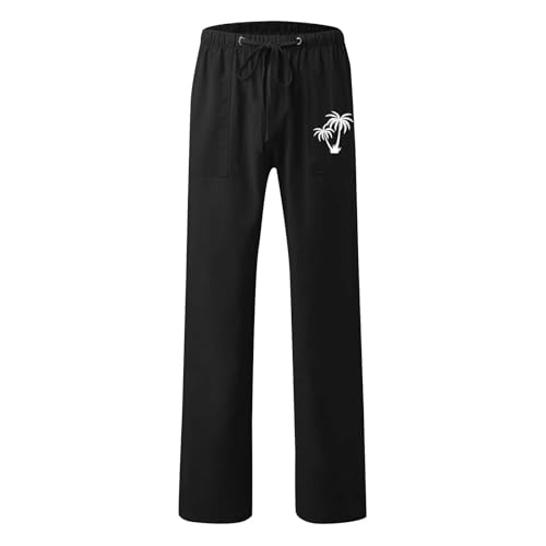 Mens Casual Linen Pants Loose Fit Elastic Drawstring Waist Straight Legs Summer Yoga Beach Long Pants Bedroom with4